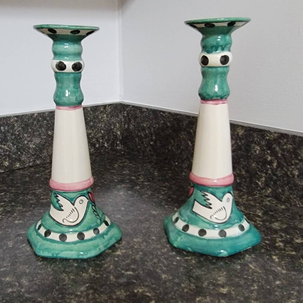 Hand Painted Pair Candlesticks Doves and Flowers